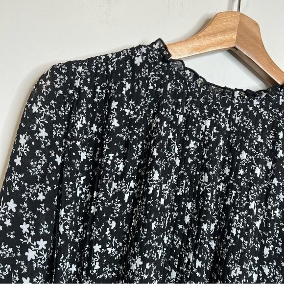 Zara Womens Size Large Black Ditsy Floral Print Long Sleeve Pleated Mini Dress - Picture 3 of 9